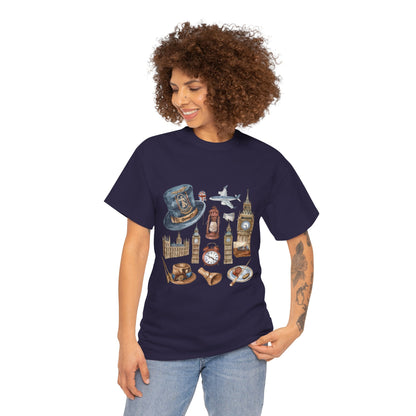 Unisex Heavy Cotton Tee - Icons of England - From Big Ben to Red Buses