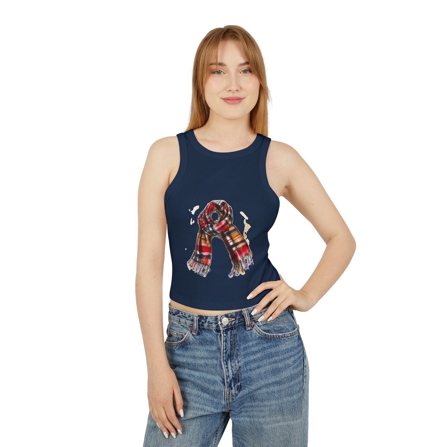 Women's Micro Rib Racer Tank Top - Plaid British Scarf - Timeless Style and Classic Elegance