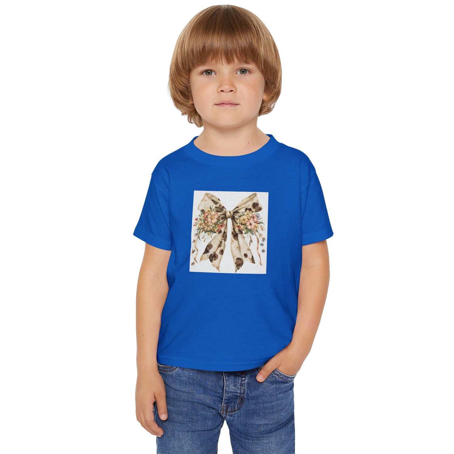 Toddler T-Shirt - Boho Farmhouse Floral Bow with Cow Spots - Adorable Cotton Tee for Kids