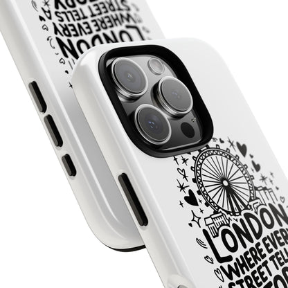 London Story Phone Case, Tough iPhone Cover, Gift for Travelers, London Souvenir, Black Typography Design