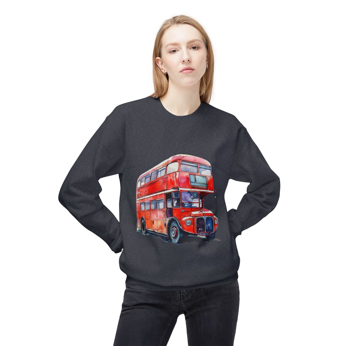 Unisex Midweight Softstyle Fleece Crewneck Sweatshirt - London Transport English Bus - Iconic Red Double-Decker Design