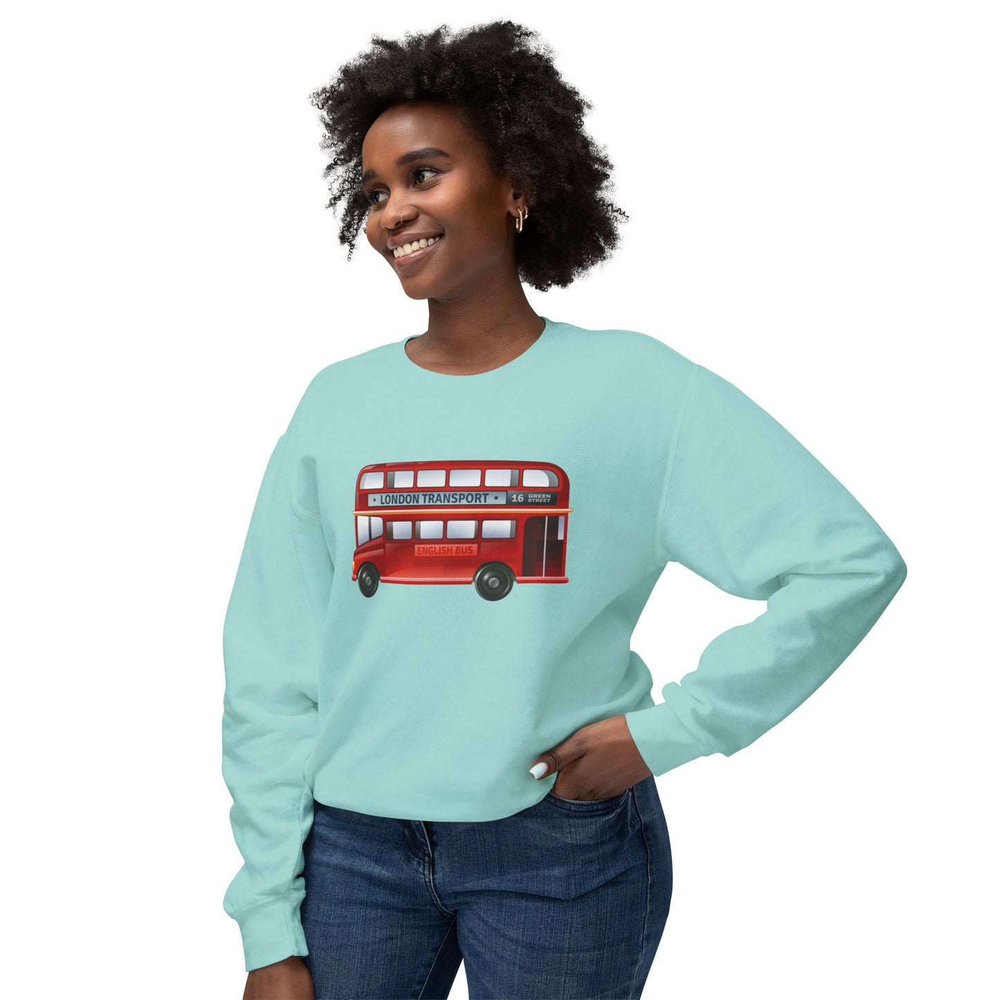 Unisex Lightweight Crewneck Sweatshirt - London Transport English Bus - Iconic Red Double-Decker Design
