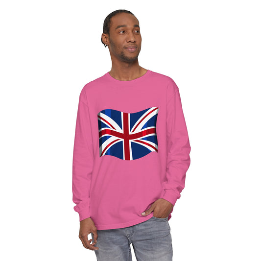 Unisex Garment-dyed Long Sleeve T-Shirt - Classic UK Flag Design - Union Jack Symbol