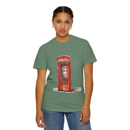 Unisex Garment-Dyed T-shirt - Iconic British Public Telephone - Classic Red Phone Box Design