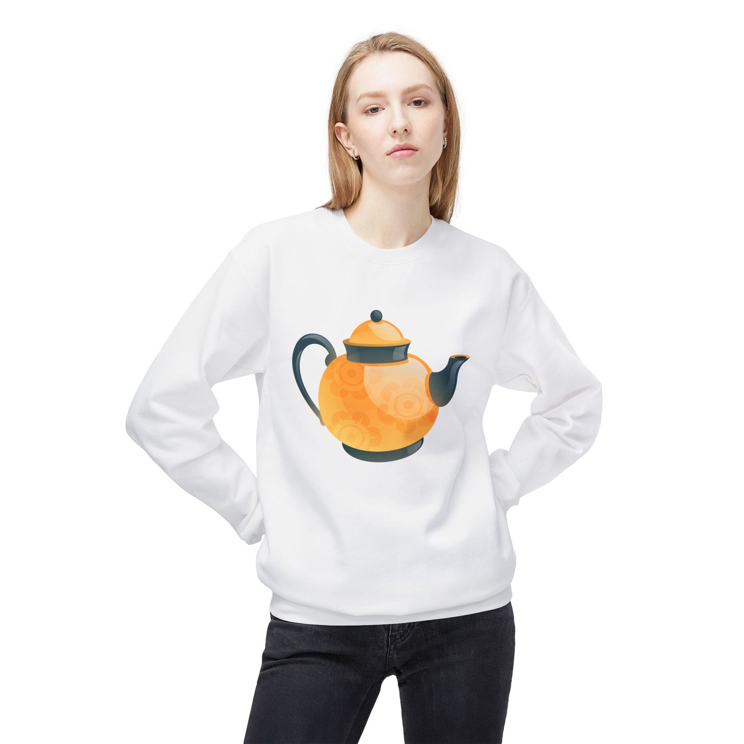 Unisex Midweight Softstyle Fleece Crewneck Sweatshirt - Classic British Tea Kettle - Timeless Elegance in Tea Time