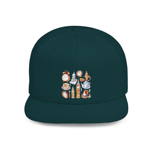Vintage London England Icons - Scones & Tea Watercolor Flat Bill Snapback