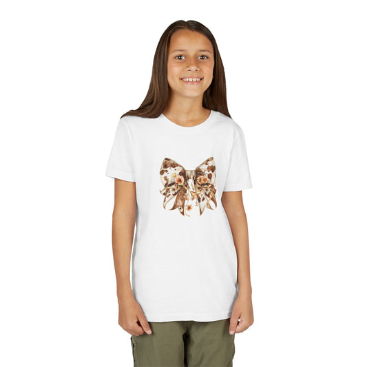 Youth Short Sleeve Tee - Western Cow Print Bow with Floral Accents Clipart - Cute Summer T-Shirt for Kids
