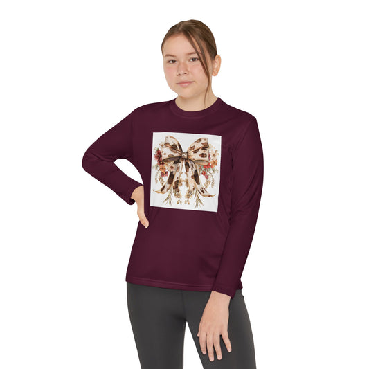 Youth Long Sleeve Tee  - Western Floral Bow with Cow Pattern Aesthetic - Stylish & Versatile