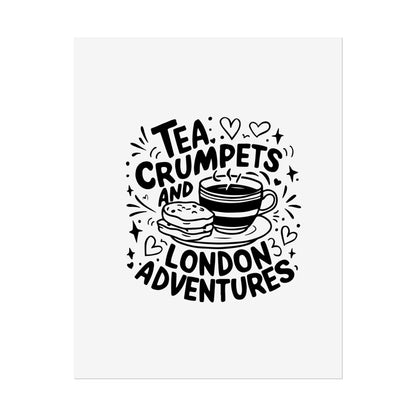 London Adventure Tea Crumpet Rolled Poster, Cute Wall Art, Gift for Tea Lovers, Home Decor, Travel Enthusiasts