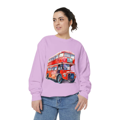 Unisex Garment-Dyed Sweatshirt - Timeless Transit - The Iconic Red Bus of Britain
