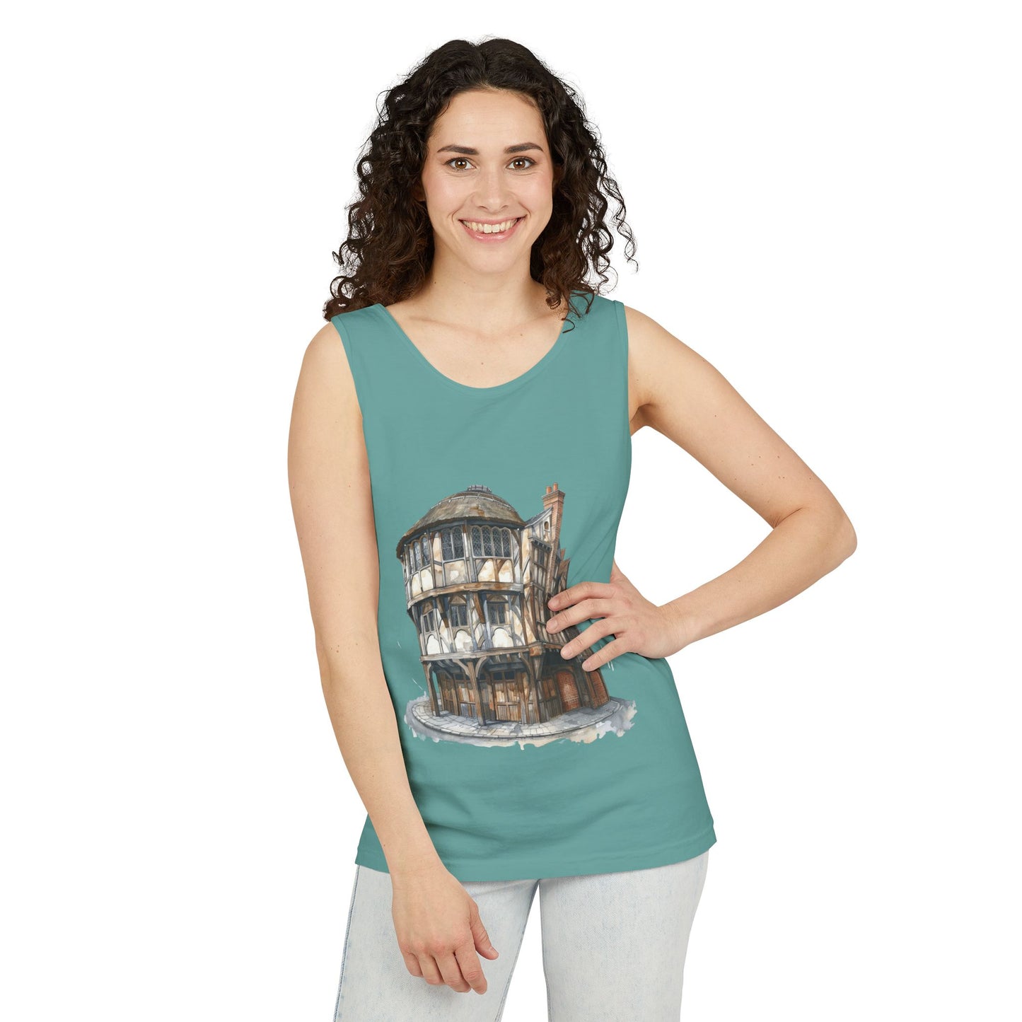 Unisex Garment-Dyed Tank Top - Hand-Painted Bar Scene Wall Art