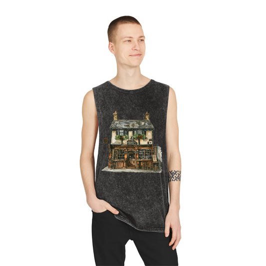 Unisex Stonewash Tank Top - Charming British House - Classic Design and Warmth